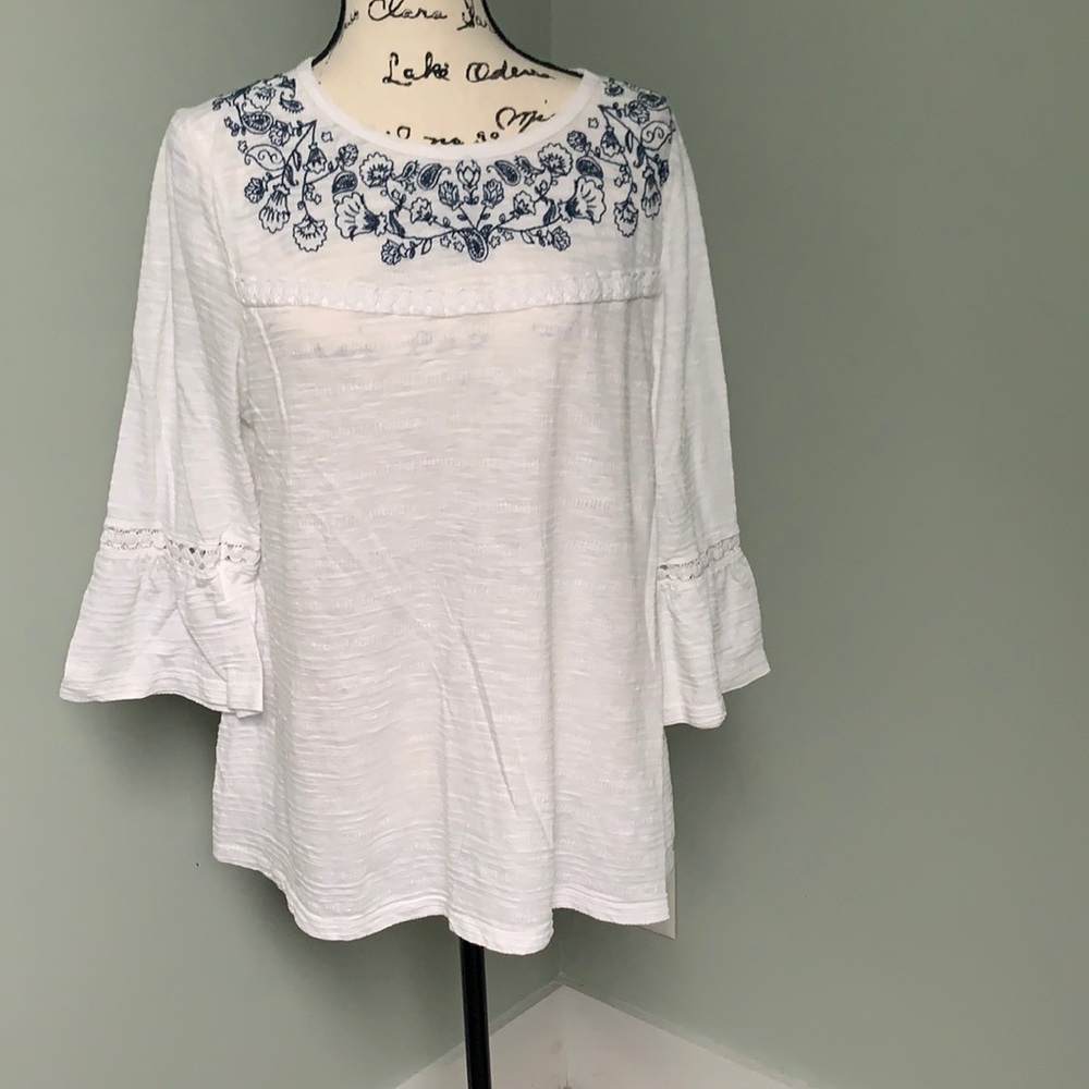 White Tunic with Navy Embroidery & Crochet Accent